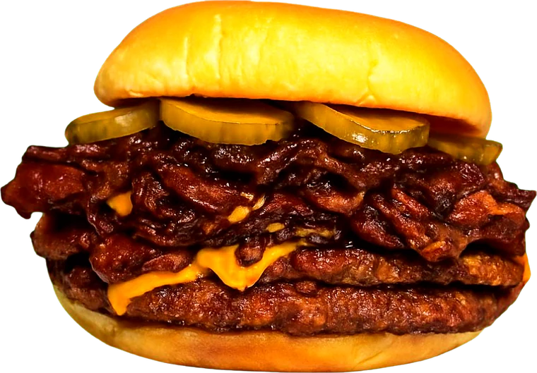 AMBER: doppio smash, cheddar, cetriolini, cipolla caramellata, doppio bacon e salsa bbq