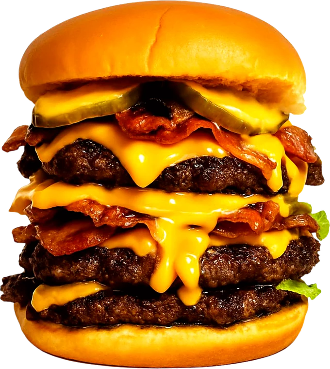 TITAN: tripla carne, doppio cheddar, insalata, cipolla caramellata, doppio bacon, cetriolini e salsa burger