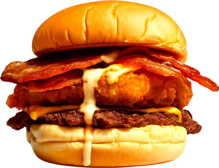 TWIN: filetto di pollo croccante, carne, bacon, cheddar e salsa smoky